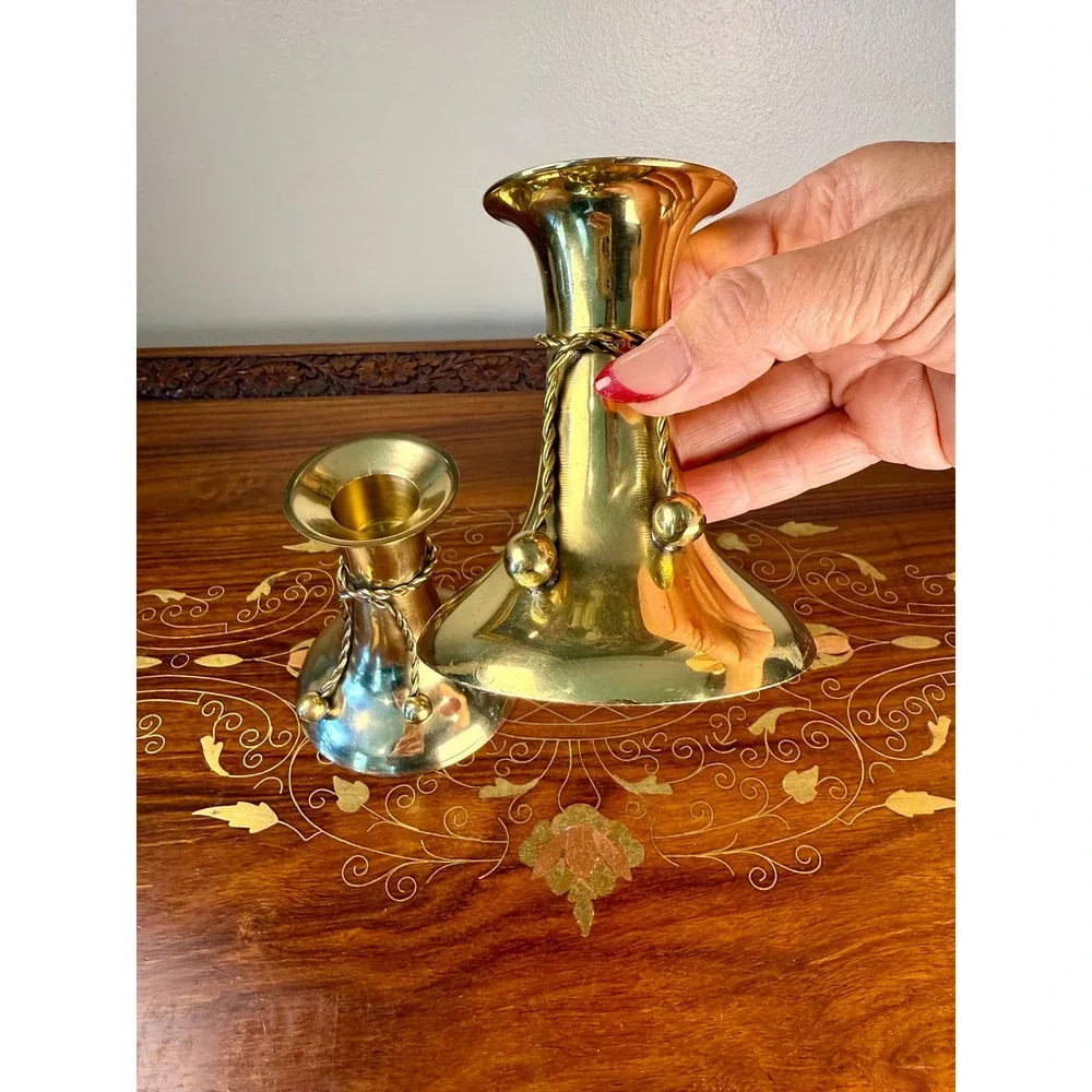 Vintage Brass Candlestick Pair • Tassel Taper Candle Holders